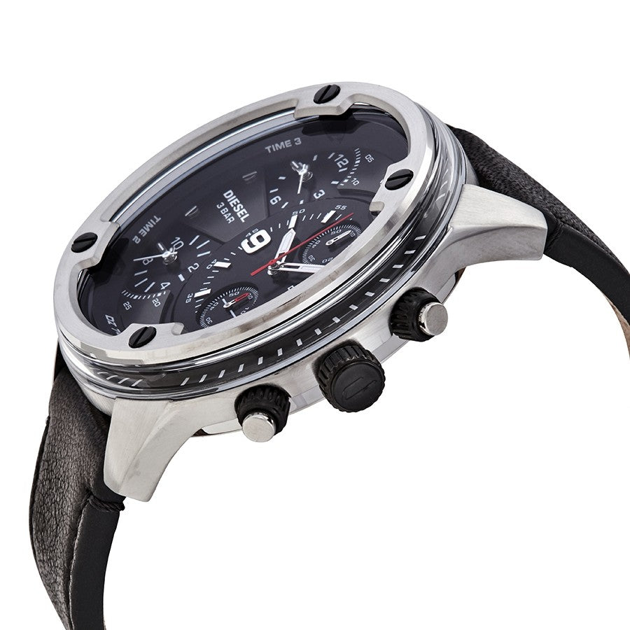 Diesel Boltdown DZ7415 side view showing stainless steel case and black leather strap
