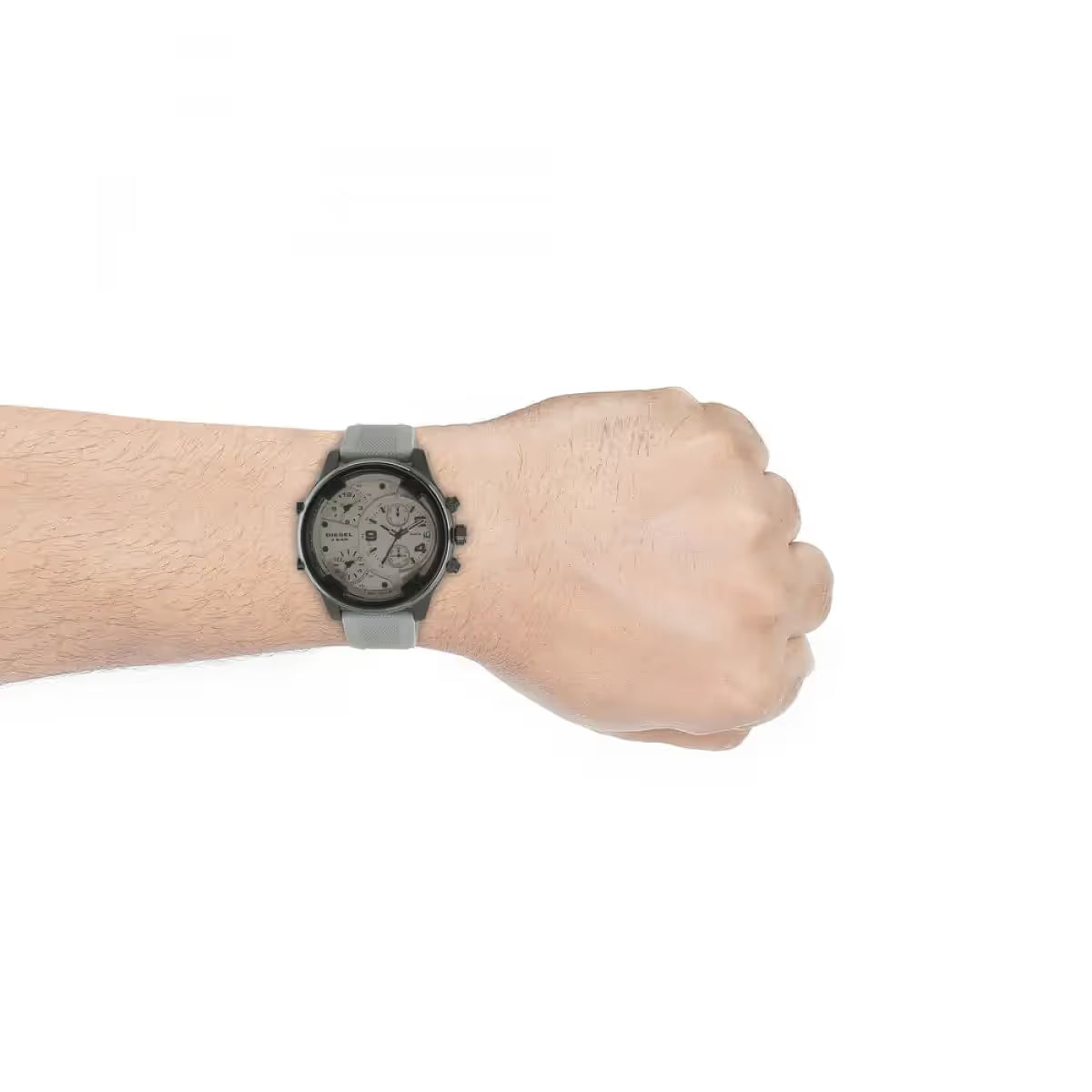 Diesel Boltdown DZ7416 chronograph watch worn on wrist showing gray strap