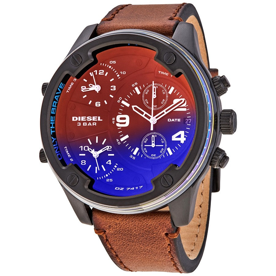 Diesel Boltdown chronograph watch with red-to-blue gradient dial and brown leather strap
