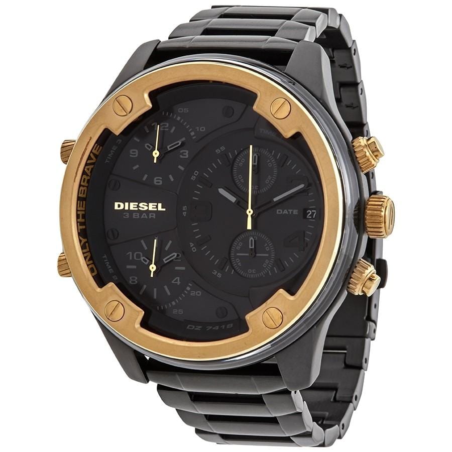 Diesel Boltdown chronograph watch with black dial, gold bezel, and black steel bracelet