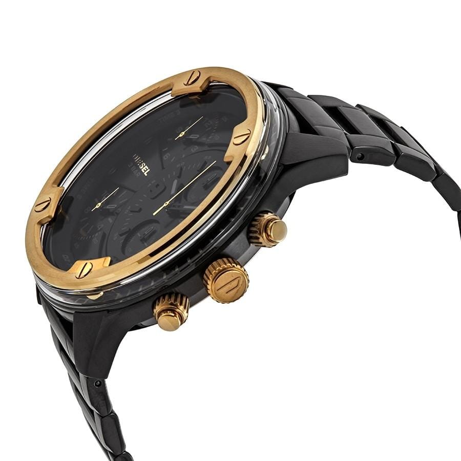Side angle view of Diesel Boltdown watch showing profile with gold chronograph pushers