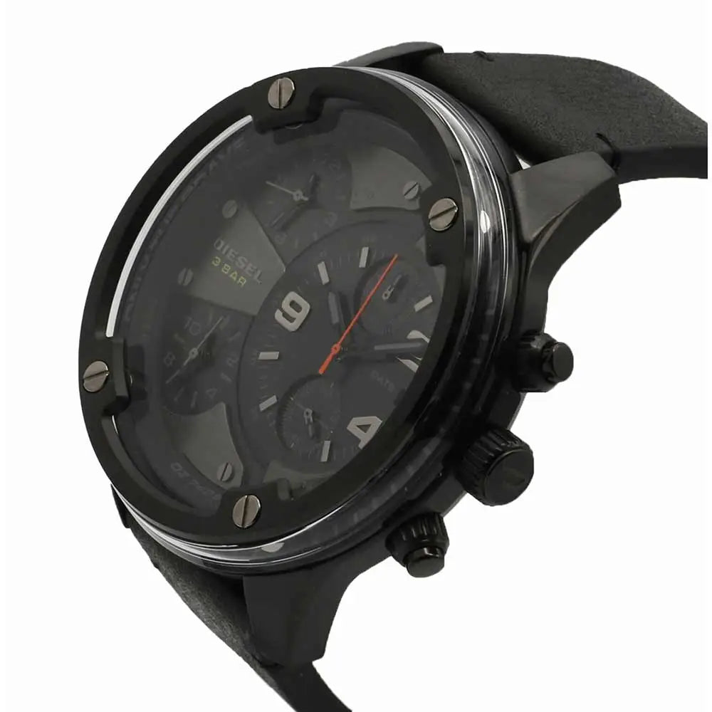 Diesel Boltdown DZ7425 men's chronograph watch angle view with black leather strap