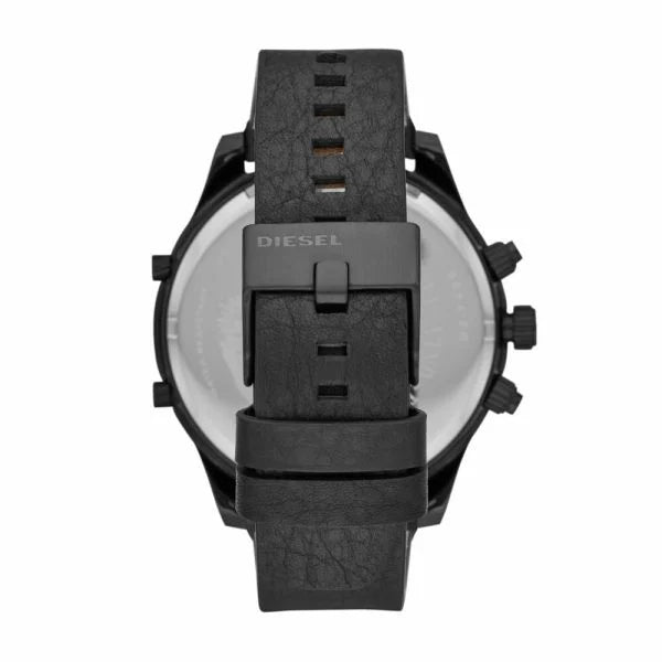 Diesel Boltdown DZ7425 watch caseback with silver display showing black leather strap