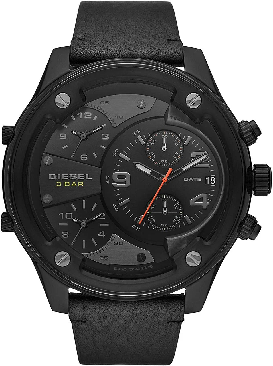 Diesel Boltdown DZ7425 black chronograph watch with round dial and leather strap front view