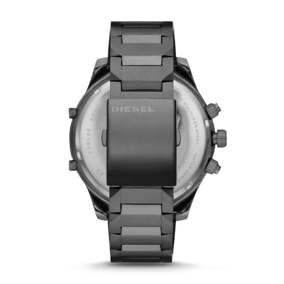 Diesel Boltdown DZ7426 case back showing Diesel branding and metal bracelet
