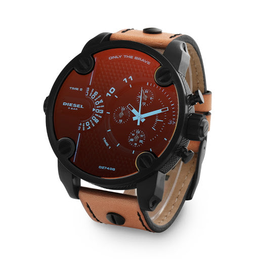 Diesel Daddy DZ7408 chronograph watch with red dial and brown leather strap