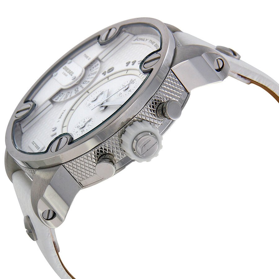Side angle view of Diesel DZ7265 watch showing oversized case and white leather strap