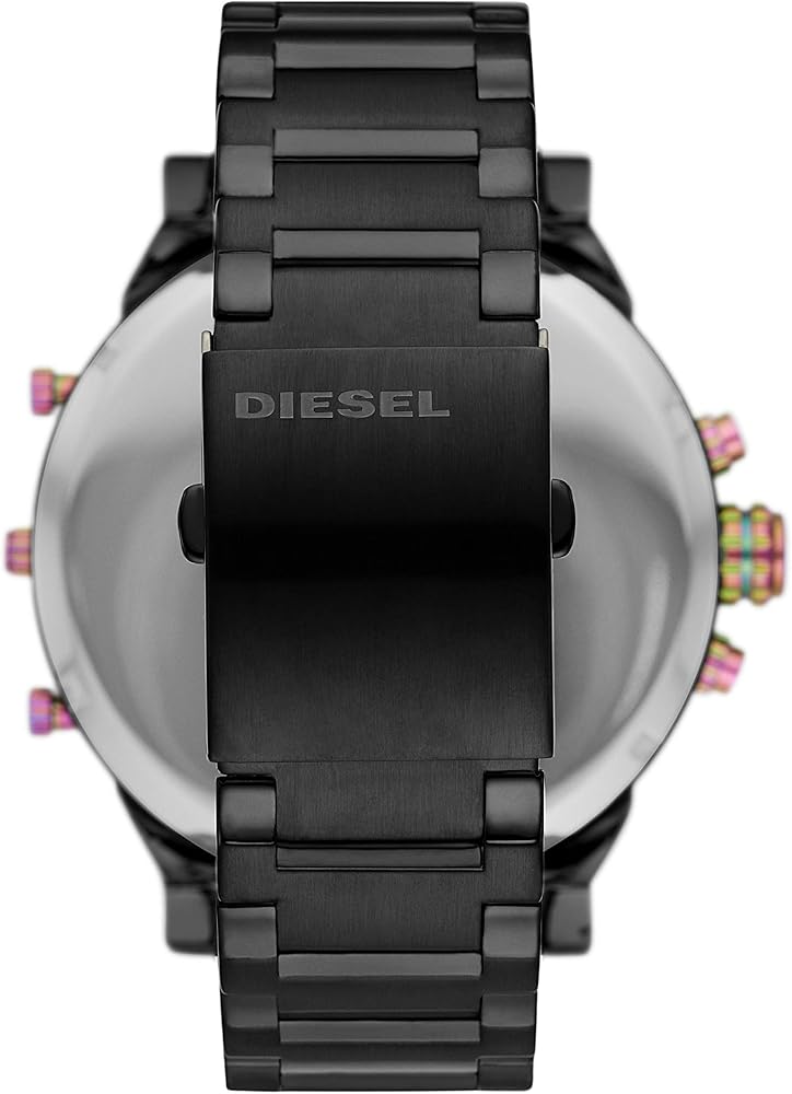 Diesel Mr Daddy 2.0 DZ7436 watch caseback showing black steel bracelet and Diesel branding
