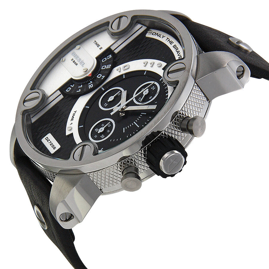 Diesel Little Daddy watch angled view showing chronograph pushers and black leather strap