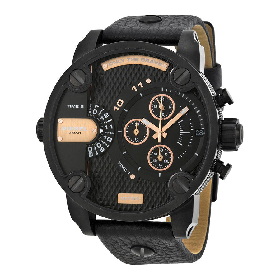 Diesel Little Daddy black dial dual time chronograph watch with rose gold subdials and chronograph pushers