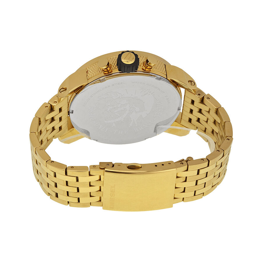 Back view of gold-tone stainless steel bracelet and caseback of Diesel chronograph watch