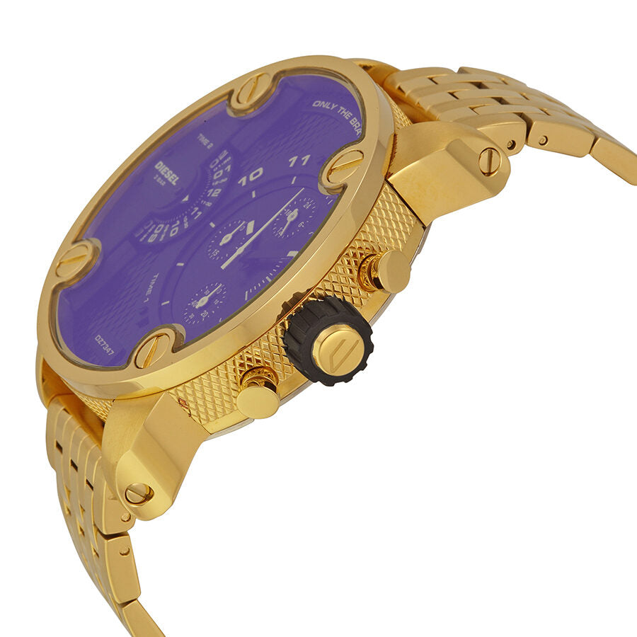 Side angle of gold-tone chronograph watch with purple iridescent dial and gold link bracelet