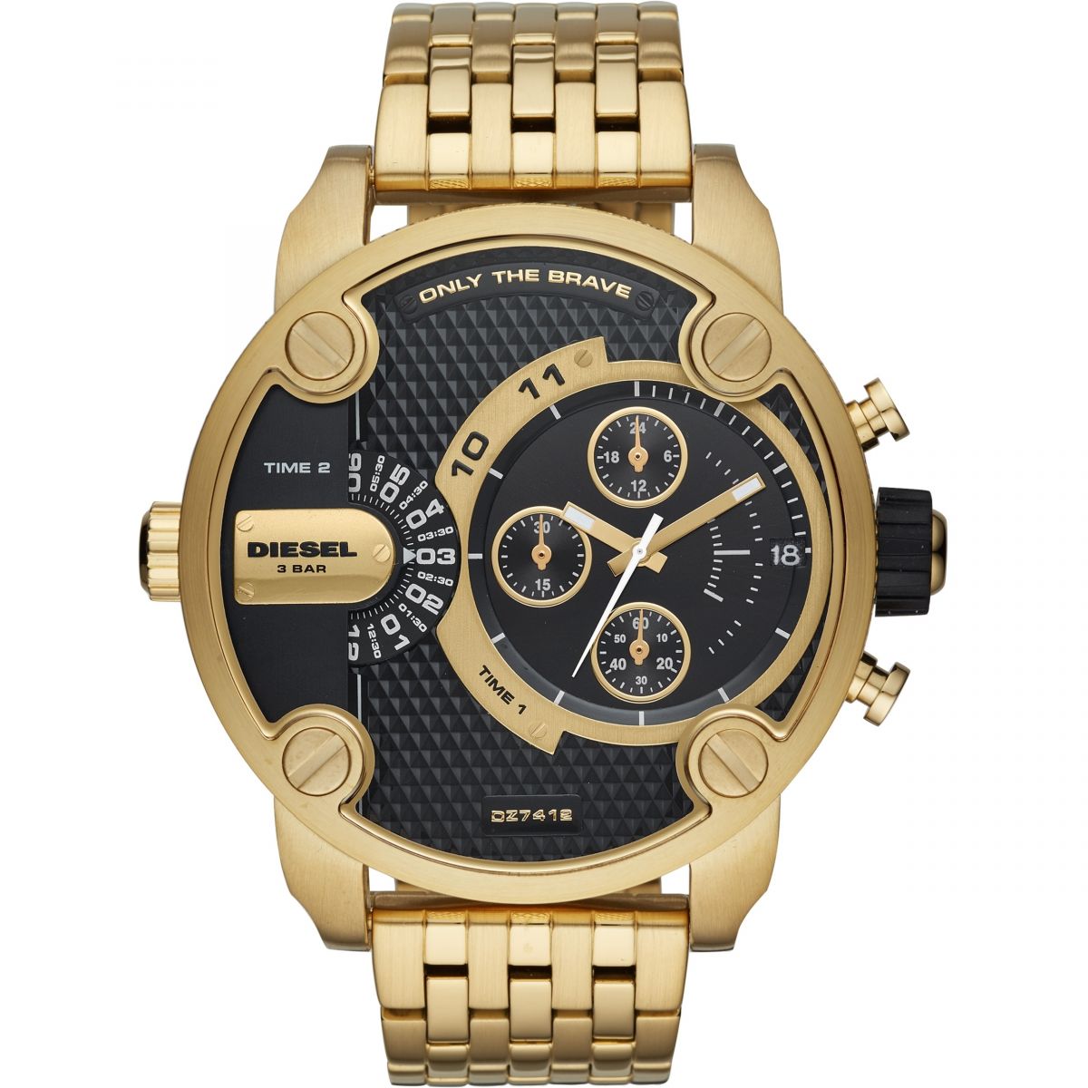 Diesel Little Daddy chronograph watch with gold-tone case, black dial, and three subdials