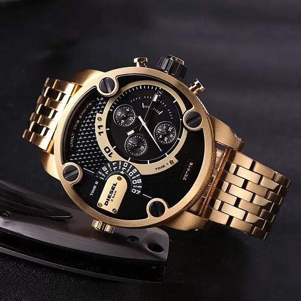 Diesel Little Daddy chronograph watch lifestyle photo with gold tone case and black dial
