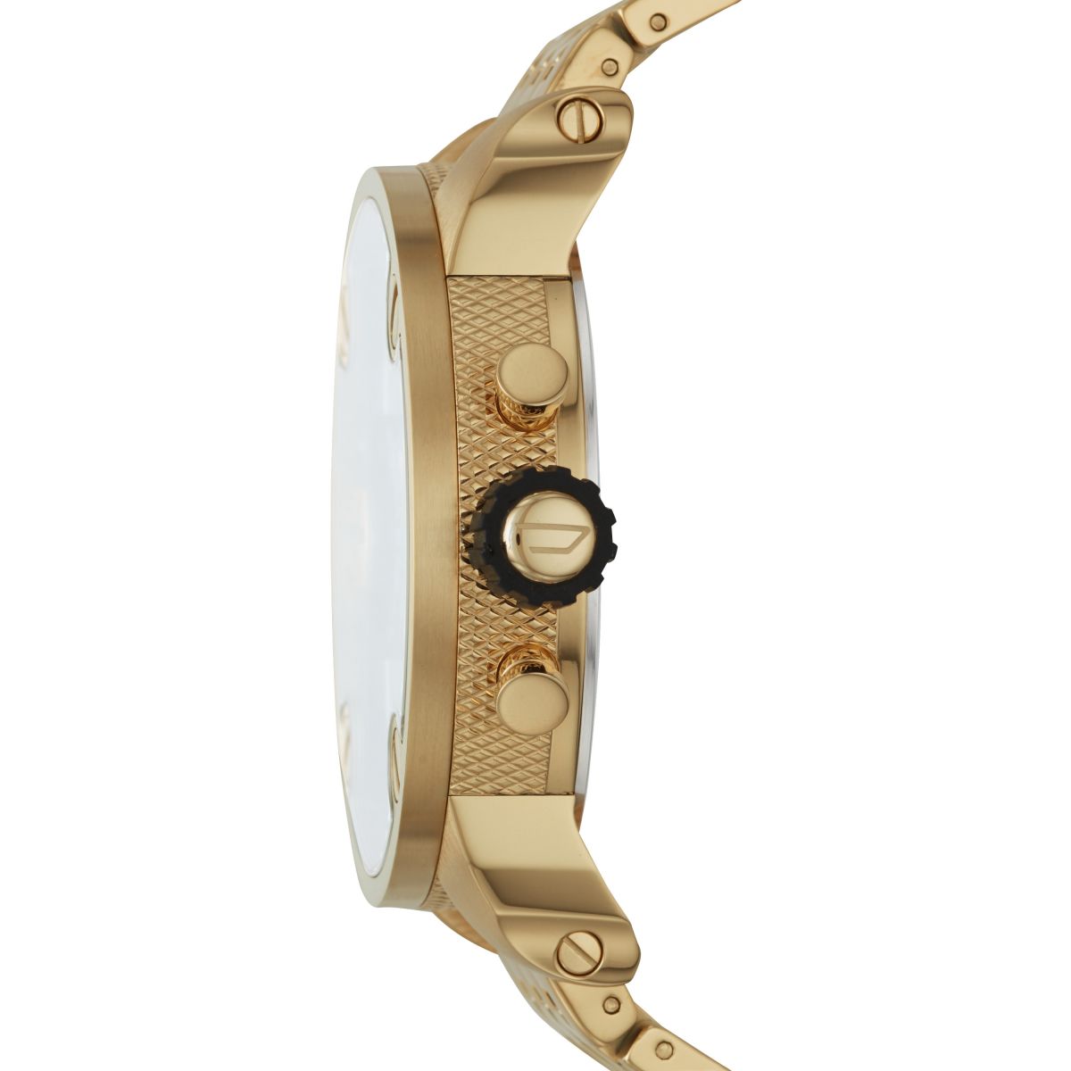 Side view of Diesel Little Daddy watch showing gold-tone stainless steel band and case profile