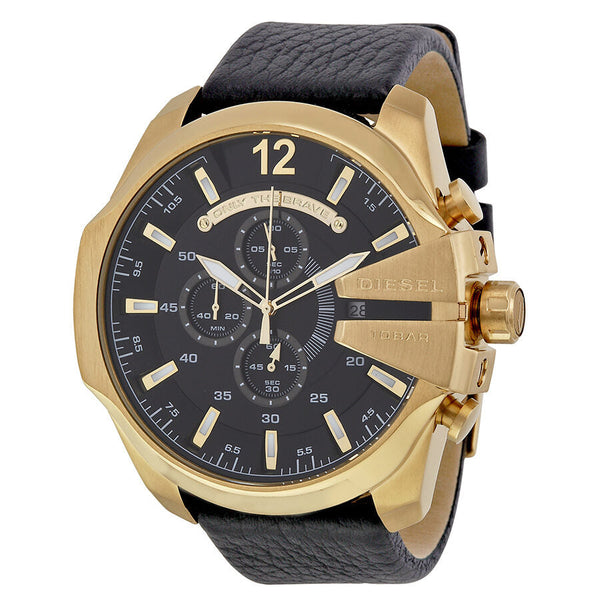 Diesel Mega Chief Black Dial Black Leather Men's Watch #DZ4344 - Watches of New Zealand