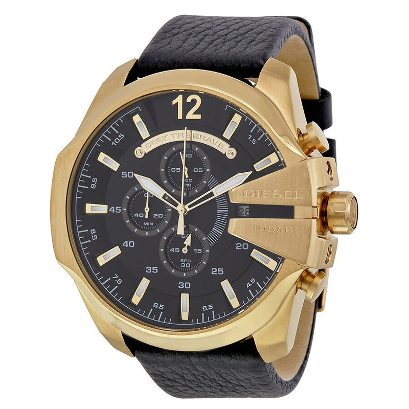 Diesel Mega Chief Black Dial Black Leather Men's Watch #DZ4344 - Watches of New Zealand