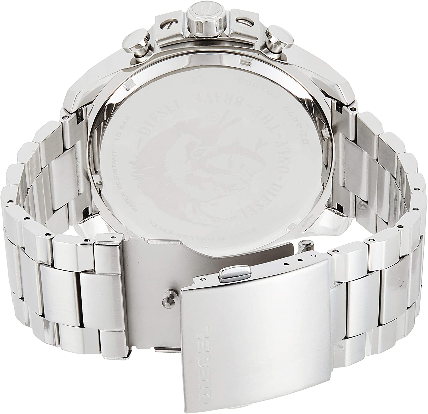 Diesel Mega Chief DZ4477 watch caseback showing brushed stainless steel case and bracelet attachment
