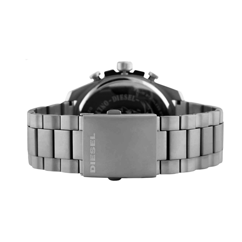 Diesel Mega Chief watch showing stainless steel bracelet and case back from rear view