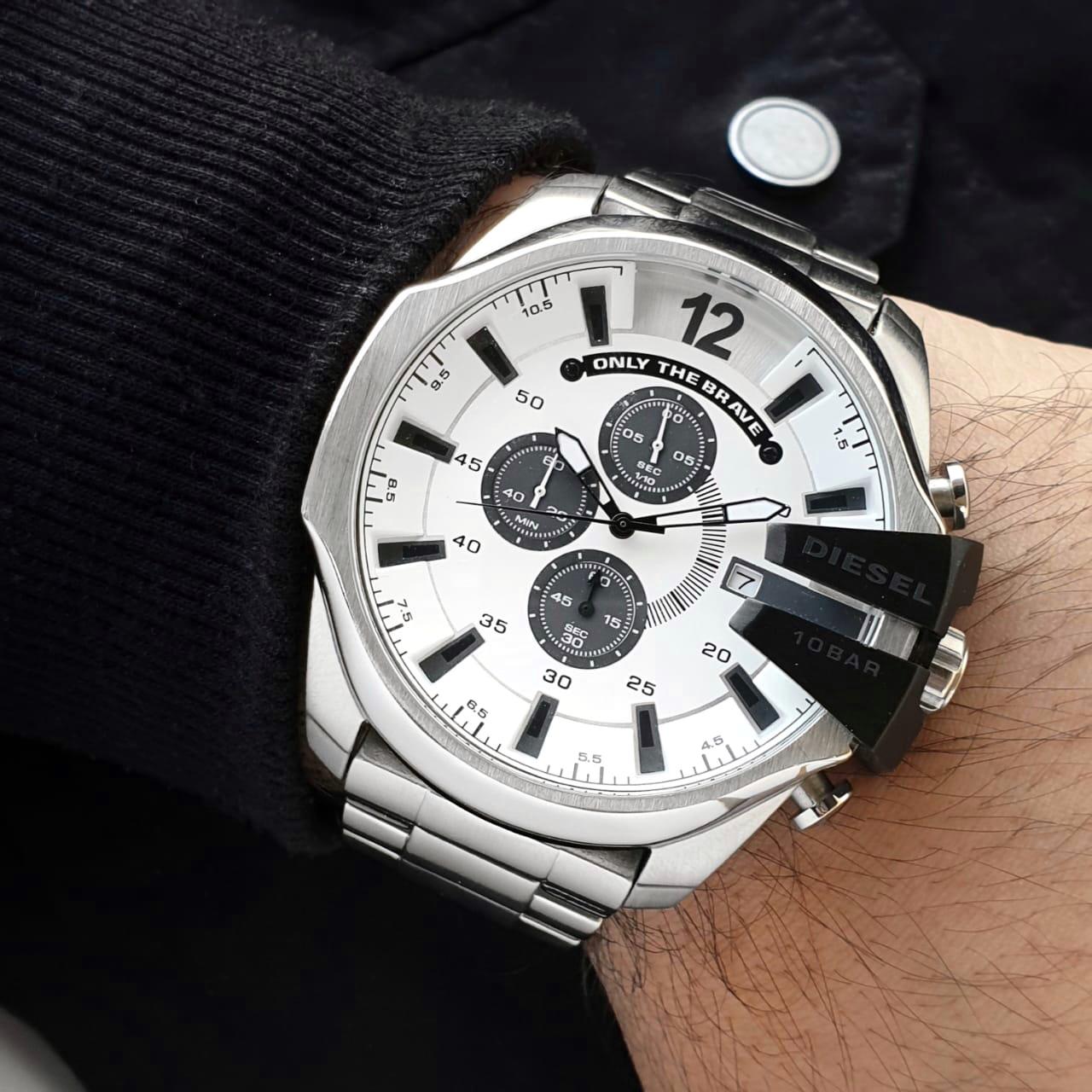 Diesel Mega Chief watch on wrist showing white dial with applied index markers