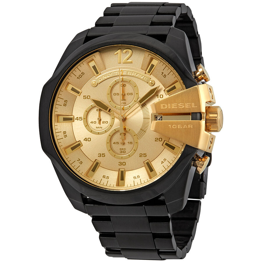 Diesel Mega Chief Chronograph Men's Watch with gold dial and black stainless steel bracelet