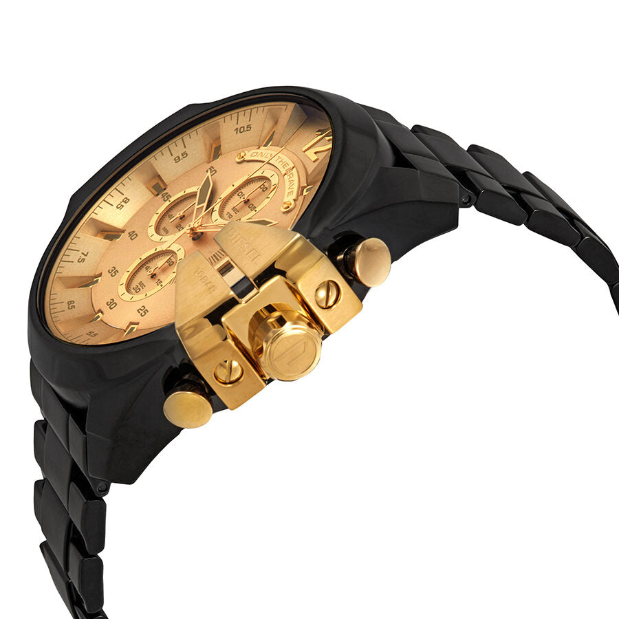 Angled view of Diesel Mega Chief chronograph with gold subdials and gold-tone pushers