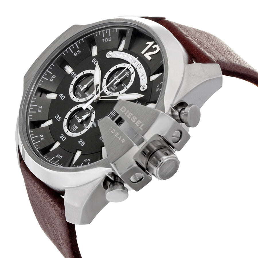 Diesel Mega Chief chronograph with silver case, chronograph subdials, and burgundy leather strap