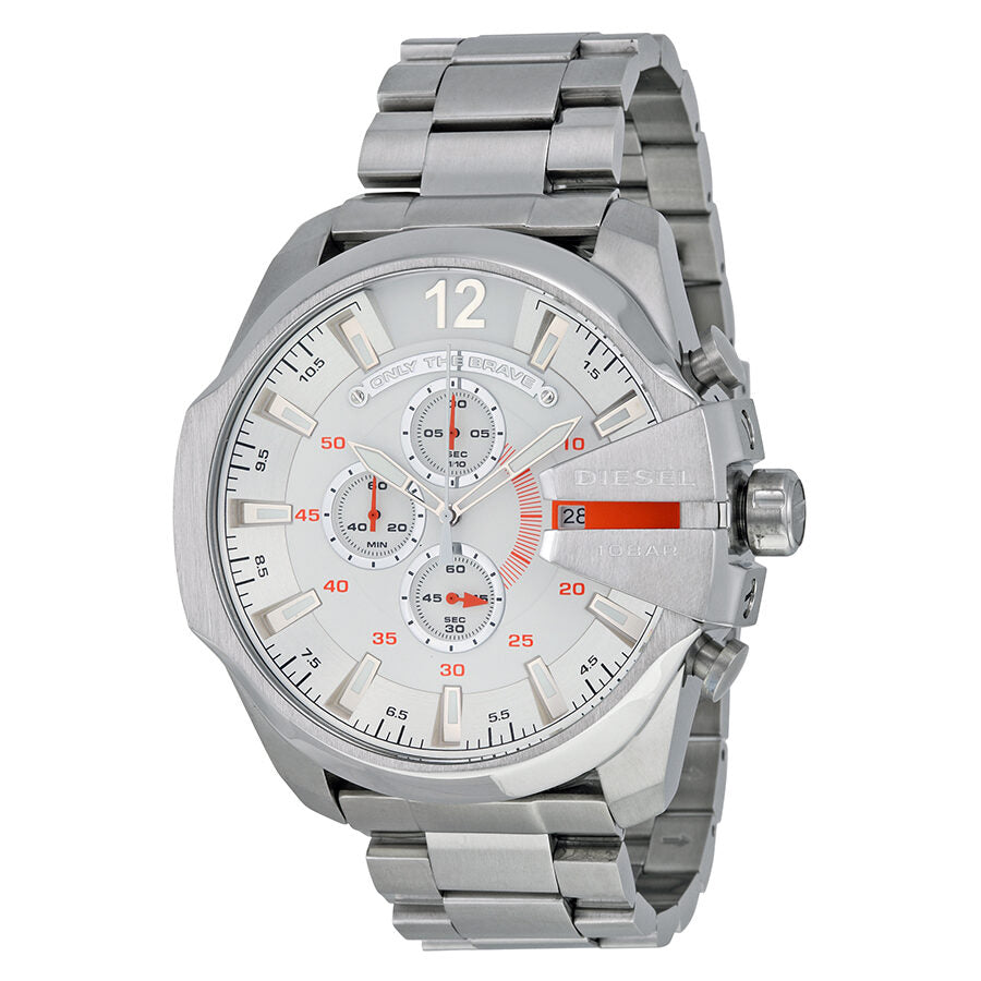 Diesel Mega Chief chronograph watch with white dial, silver case and bracelet, red chronograph subdials