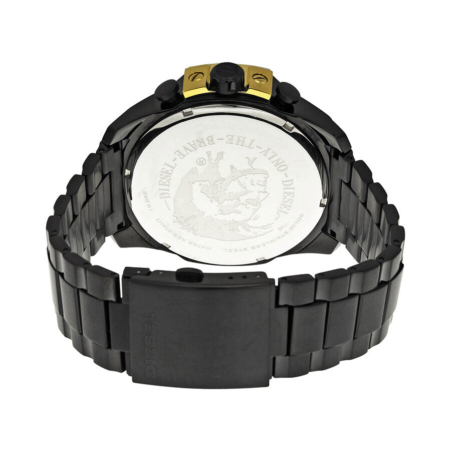Diesel Mega Chief Chronograph caseback showing engraved logo on black stainless steel bracelet