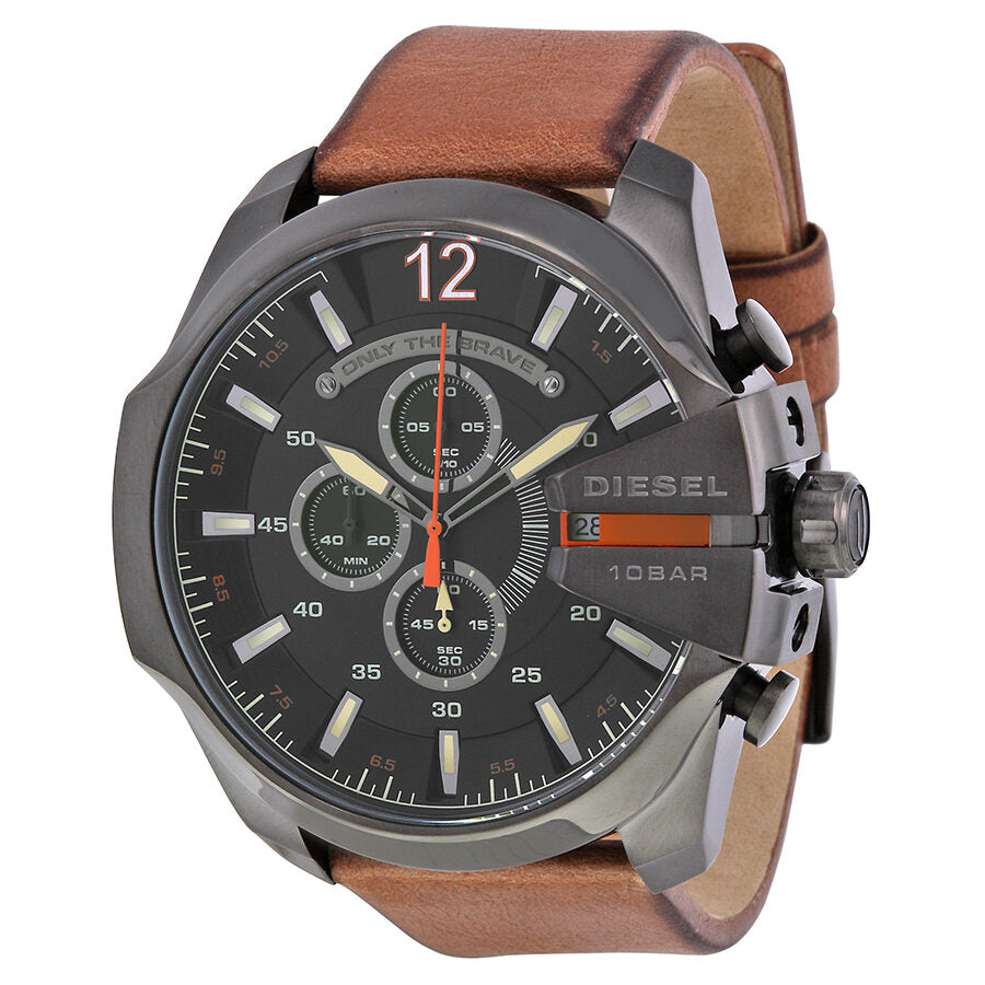 Diesel Mega Chief black dial chronograph watch with brown leather strap