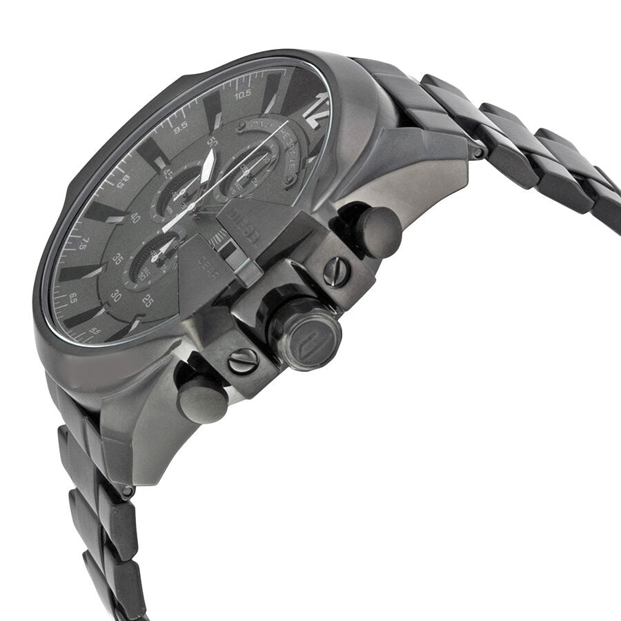 Diesel Mega Chief chronograph watch shown at angle, highlighting black stainless steel case and pushers