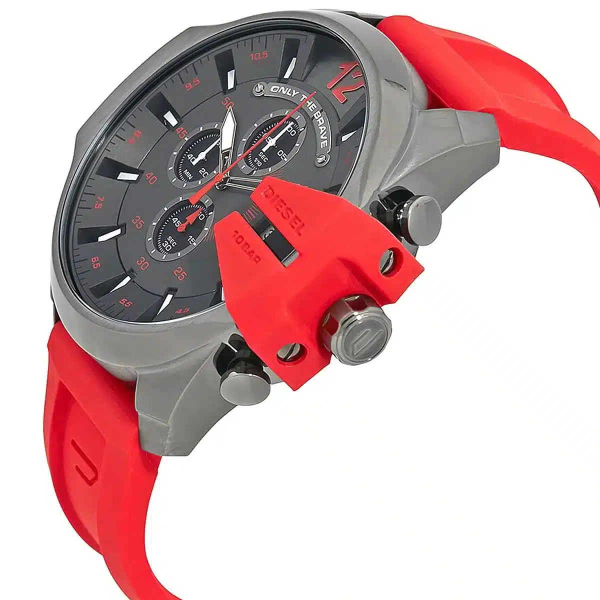 Diesel Mega Chief DZ4427 watch at angle showing gray case and red rubber strap
