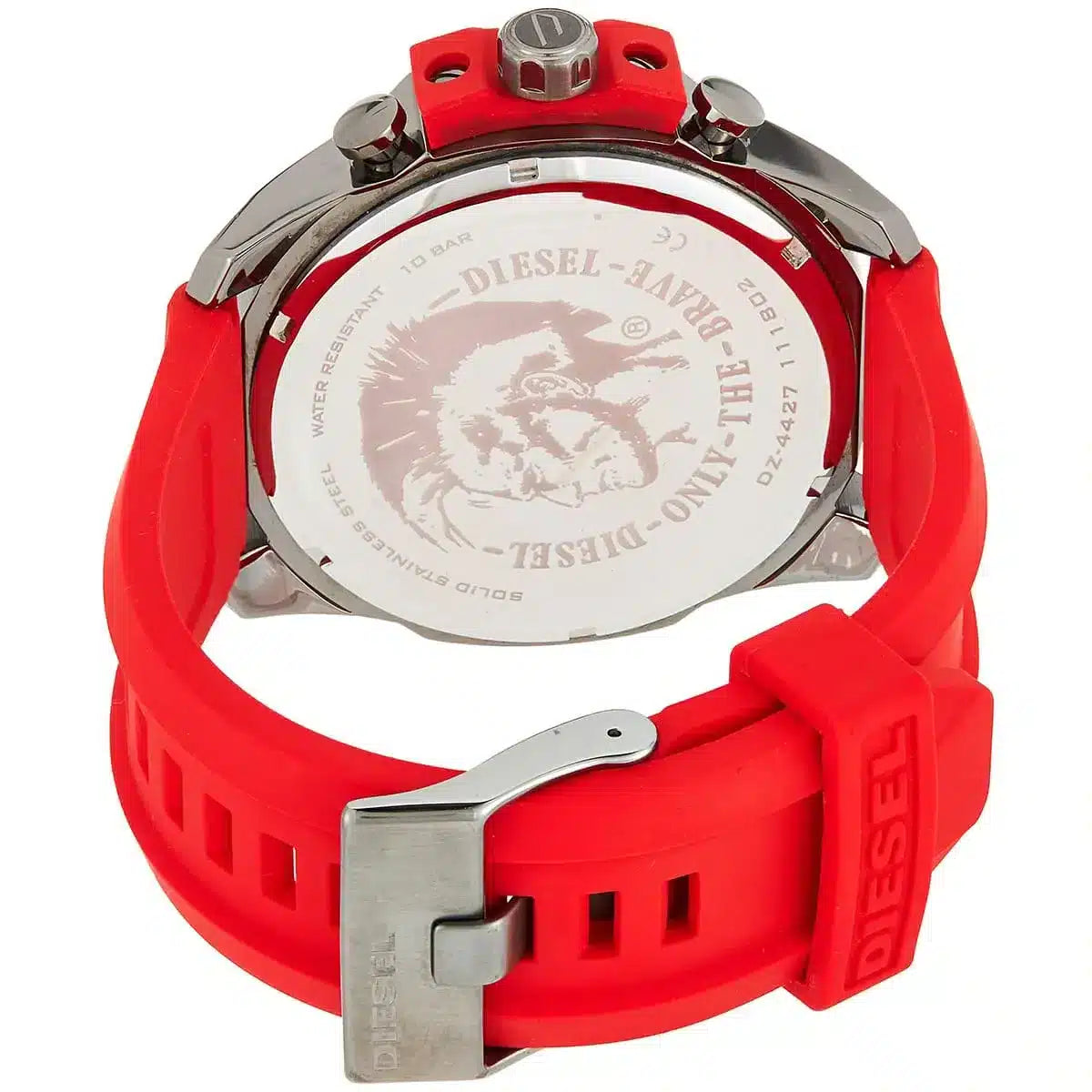Diesel Mega Chief DZ4427 caseback showing Diesel branding and Only the Brave logo