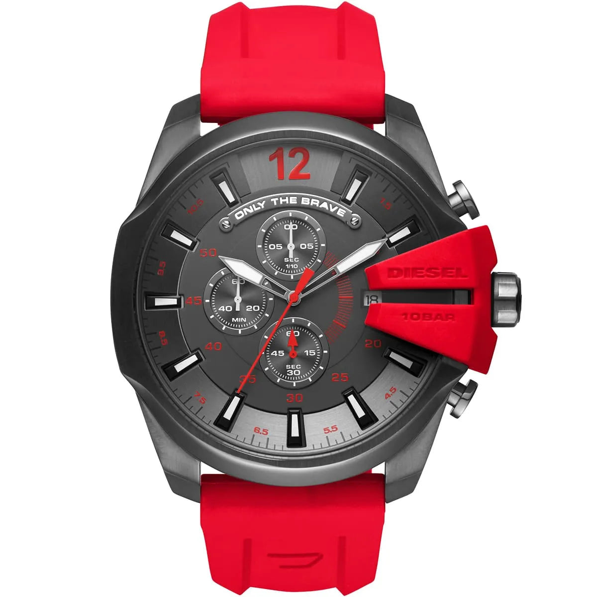 Diesel Mega Chief DZ4427 watch with gray dial, red rubber strap, and chronograph subdials
