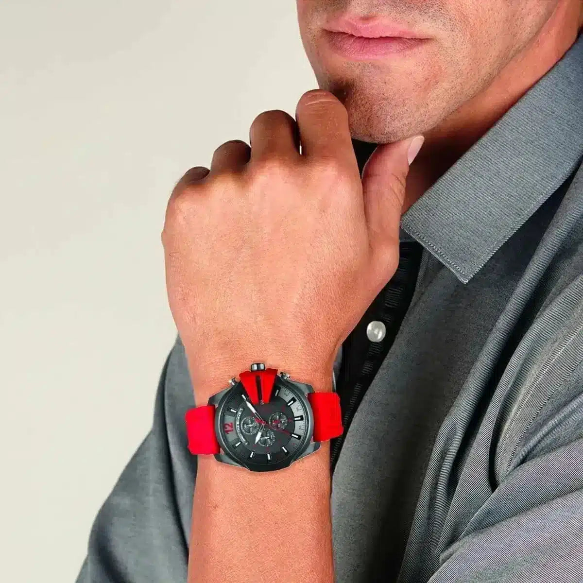 Diesel Mega Chief DZ4427 on wrist showing chronograph subdials and red strap
