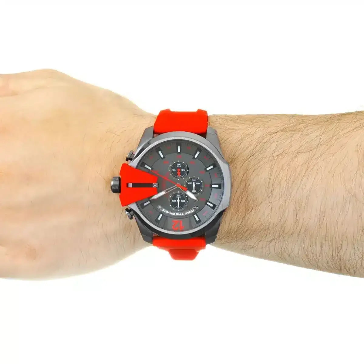 Diesel Mega Chief DZ4427 worn on wrist with gray dial and red strap