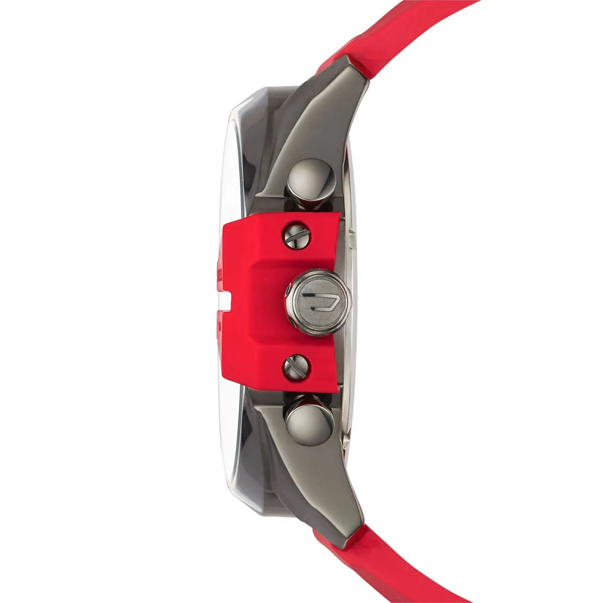 Diesel Mega Chief DZ4427 watch side profile showing gray case and red strap