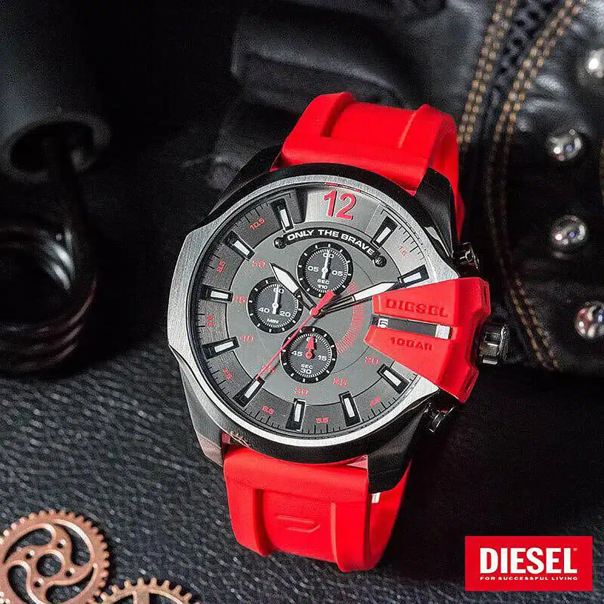 Diesel Mega Chief DZ4427 red rubber strap with buckle and case side view