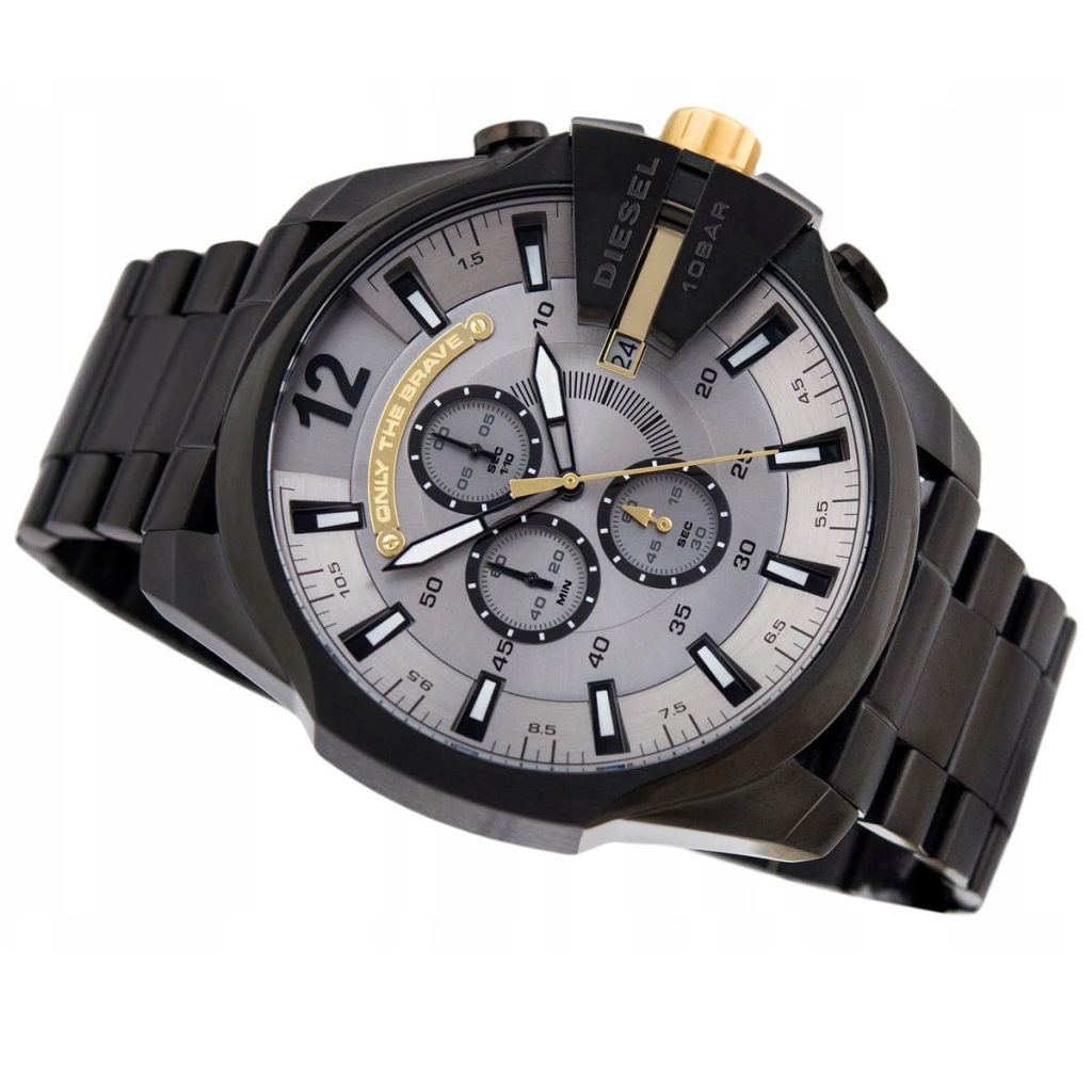 Side angled view of Diesel Mega Chief chronograph showing case profile and black IP stainless steel bracelet