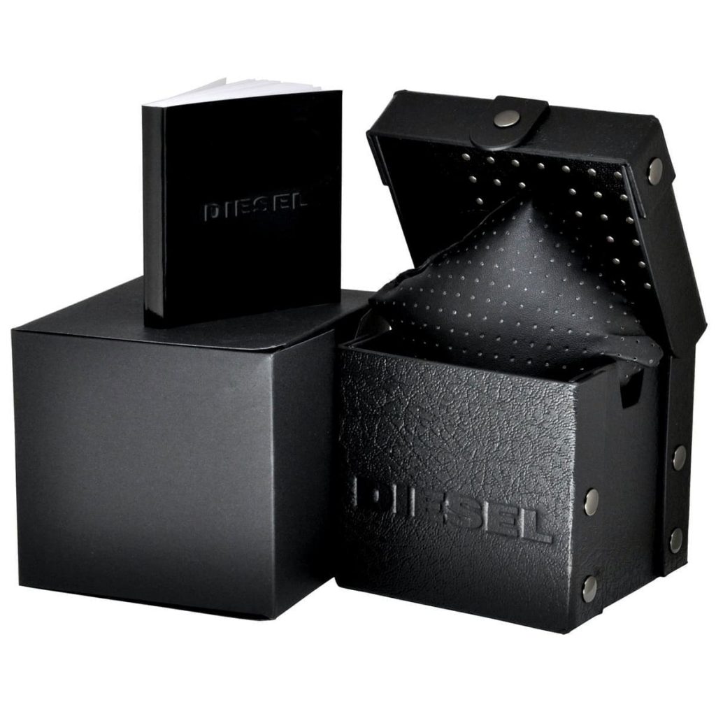Diesel gift box packaging for Mega Chief chronograph watch with black presentation box