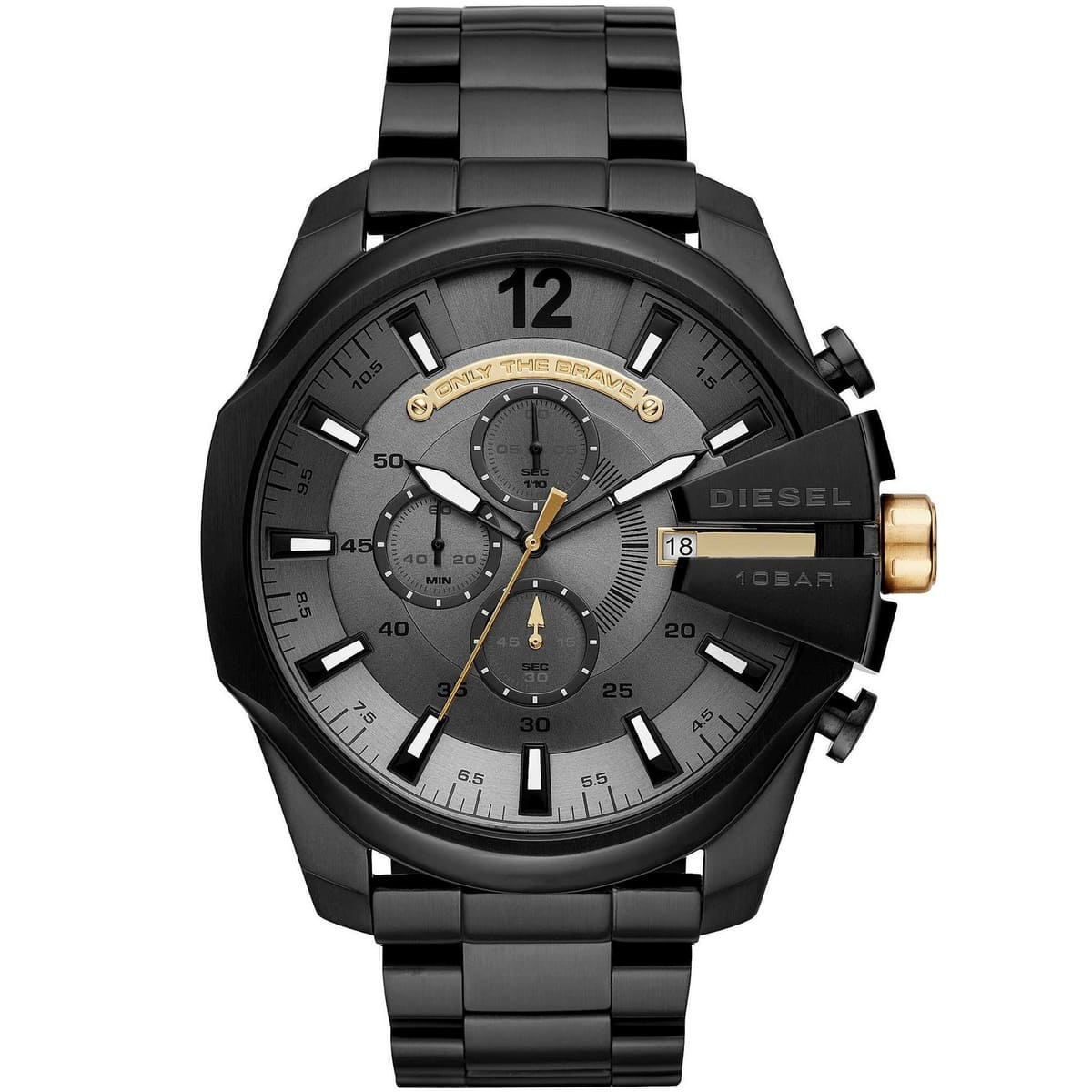 Diesel Mega Chief chronograph watch with black IP stainless steel case, gray dial, gold crown and subdials