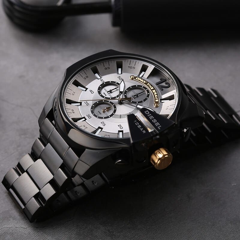 Diesel Mega Chief chronograph on wrist showing dial, black IP case, and steel bracelet