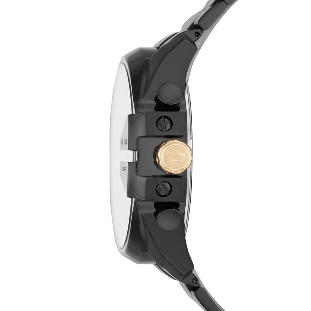 Side view of Diesel Mega Chief watch showing chronograph pushers, gold crown, and black IP stainless steel bracelet