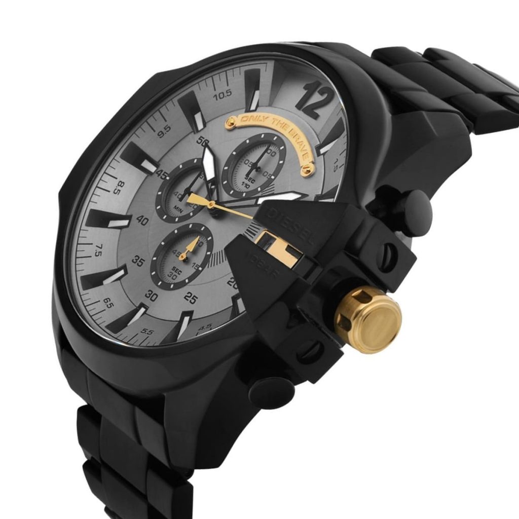 Side profile of Diesel Mega Chief chronograph with gold-tone crown and pushers, black IP case