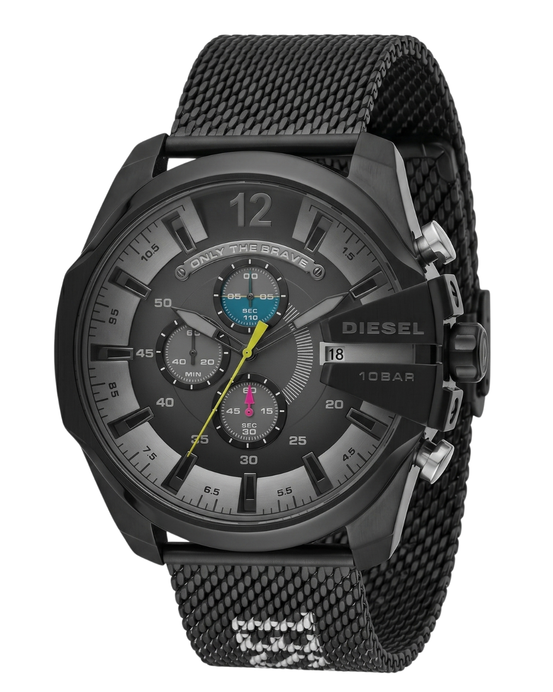 Diesel Mega Chief chronograph watch with black dial and mesh strap