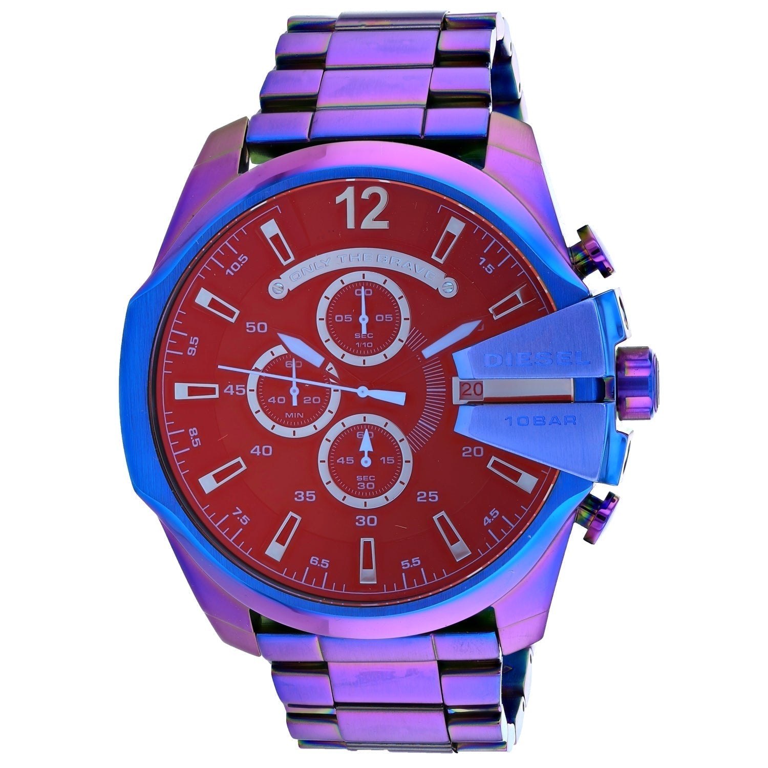 Diesel Mega Chief Rainbow Chrono men's watch with rainbow iridescent case, red chronograph dial, and multi-colored steel bracelet