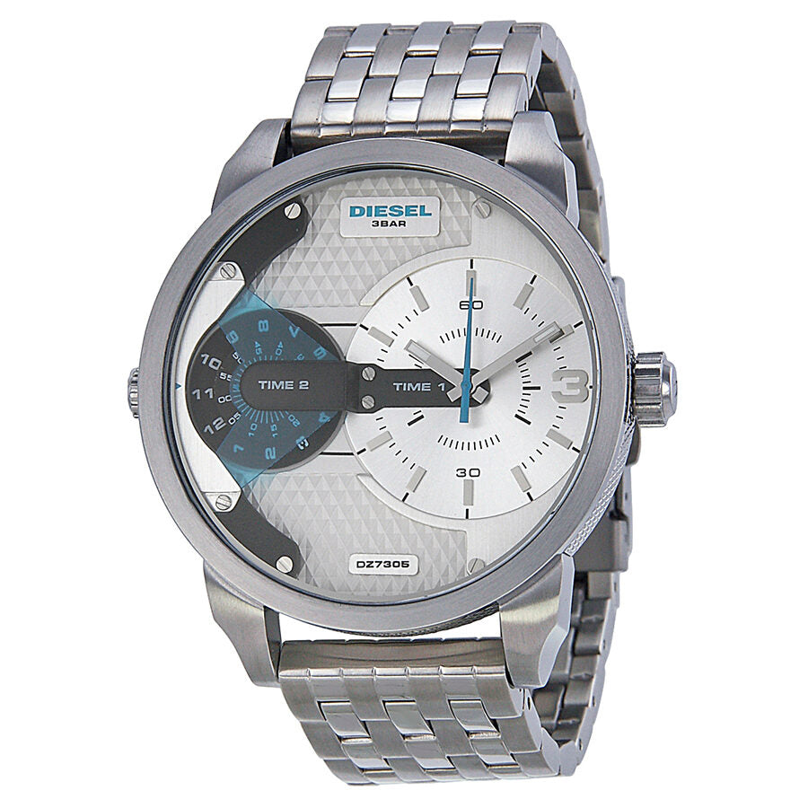 Diesel Mini Daddy watch with white dial, dual time zone display, and stainless steel bracelet