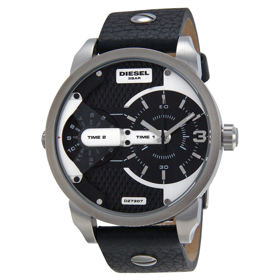 Diesel Mini Daddy black dial watch with stainless steel case and black leather strap