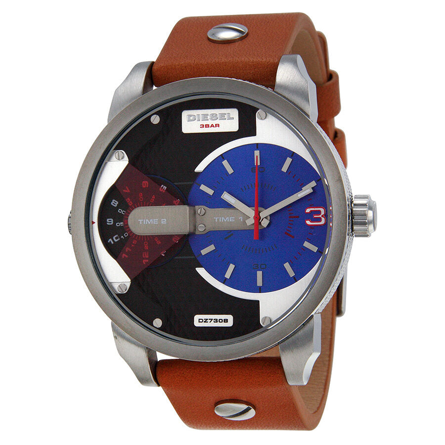 Diesel Mini Daddy watch with blue and black split dial, stainless steel case, tan leather strap