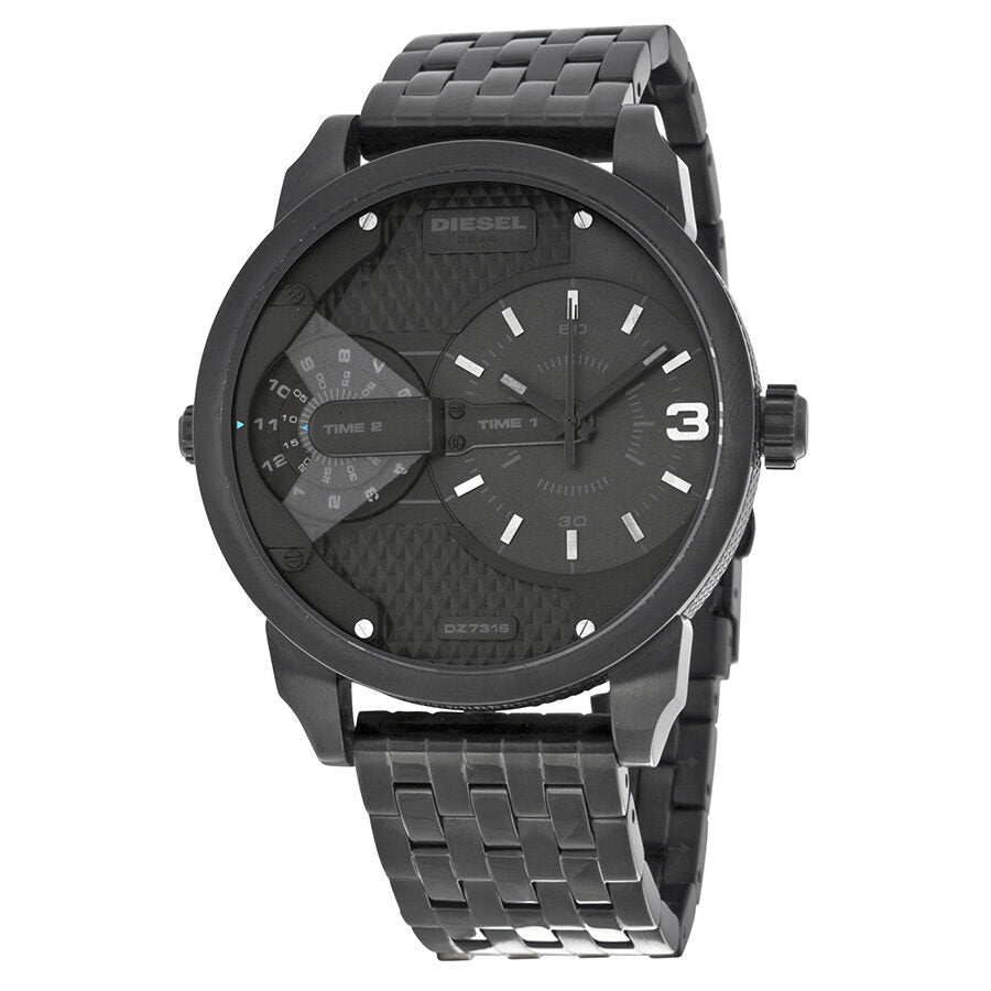 Diesel Mini Daddy black watch with dual time dial and black ion-plated case